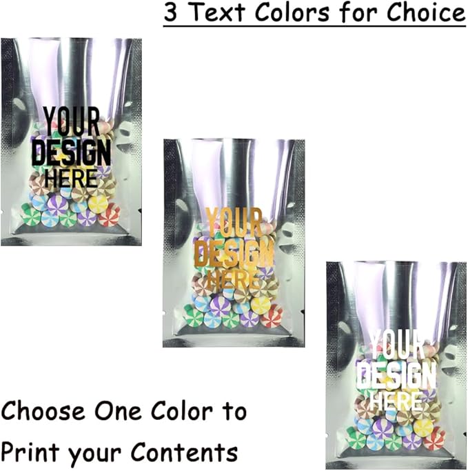 100PCS Customized Mylar Heat Seal Bags,Open Top Clear Packaging Bag with Tear Notch, Single-Side Printing for Logo/Text/QR Code (Black, 9 * 13CM/3.5"*5.1"-100PCS-One Color Print)