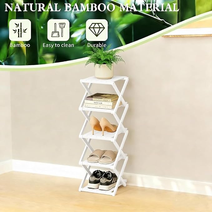 Bamboo Shoe Rack - No Assembly Required, Tall Narrow Foldable Shoe Organizer, Space-Saving Multifunctional Shelf for Entryways, Corners, Bedrooms, Balconies, 4 Layer White (Reinforced And Thickened )