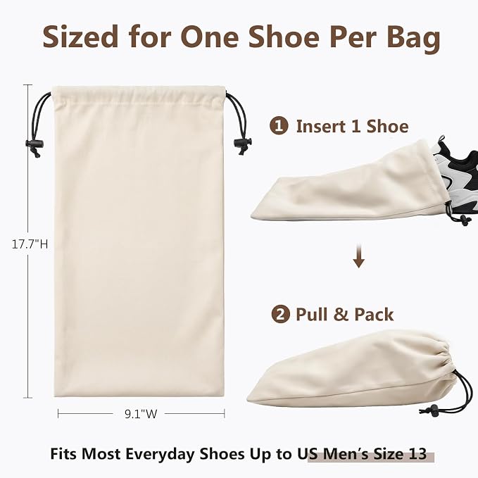 Merkfo 8-Pack Shoe Bags for Travel, One Shoe Per Bag, Fits Size 13 | Soft Drawstring Fabric Bags | 17.7 x 9.1 in | For Suitcase Packing, Gym Bags, and Closet Storage