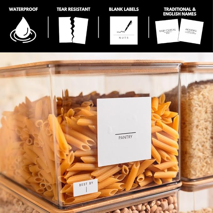 372 Nigerian Pantry Labels Set - Food Storage Container Labels for Kitchen Organization with Expiration Date Stickers (White, 2.5 by 2.5)