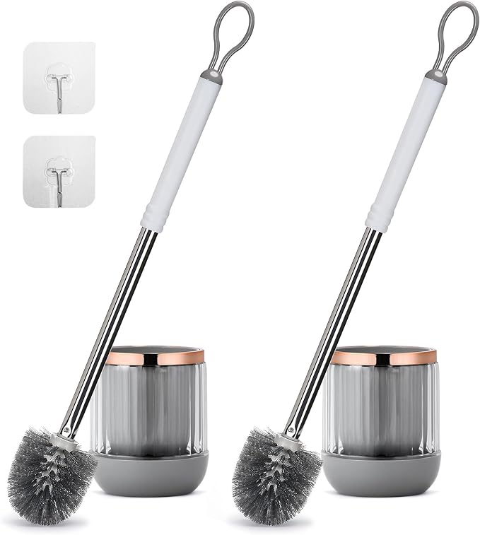 Toilet Bowl Brush and Holder 2 Pack Long Handle Toilet Brush for Bathroom with Separate Base for Floor and Wall Mounted Plastic Toilet Brush Set Under The Rim Household Cleaning (White)