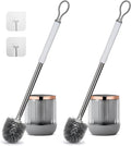 Toilet Bowl Brush and Holder 2 Pack Long Handle Toilet Brush for Bathroom with Separate Base for Floor and Wall Mounted Plastic Toilet Brush Set Under The Rim Household Cleaning (White)