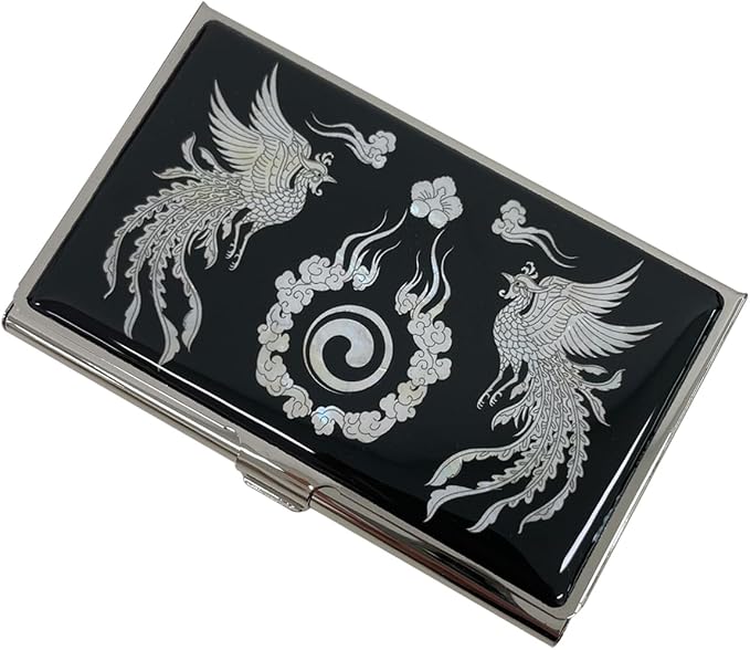 Mother of Pearl Business Card Case Credit Id Name Holder Travel Wallet Art Painting Design Metal Stainless Steel Engraved Slim Purse Pocket Cash Money Wallet (Phoenix)