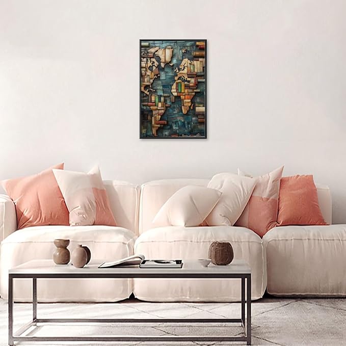 World Map Book Adventure Vintage Library Art Aesthetic Poster Canvas Wall Art Decoration Living Room Home Decor Bedroom Decoration Poster black framed16x24inch