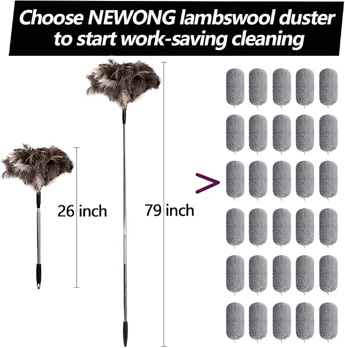 Extendable Ostrich Feather Duster 26"-79", Real Fluffy Ostrich Feather Duster, Telescoping Handle for High Ceiling Cleaning, Fan Dust Removing, Furniture, Car Cleaning – Standard Threaded Interface