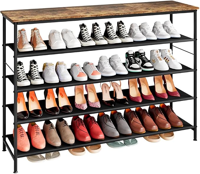 INGIORDAR 5 Tier Long Metal Shoe Rack Storage Organizer for Closet Entryway | Spacious design Shoe Shelf stores 30 Pairs of Shoes for Closet Entryway Bedroom Living Room Garage Black+Rustic Brown