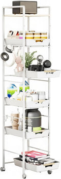 6-Tier Slim Rolling Storage Cart with Wheels, Metal Organizer Tall Rolling Cart, Wood Top Narrow Mobile Utility Cart with Pull-Out Baskets for Kitchen, Bathroom, Laundry Room, 13in(W) White