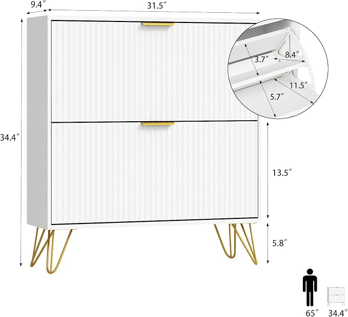 Shoe Storage Cabinet with 2 Flip Drawers, 31.5" W Fluted Shoe Cabinet for Entryway, Hidden Shoe Cabinet Storage, Narrow Free Standing Shoe Orgnaizer Rack Cabinet for Foyer Hallway, White