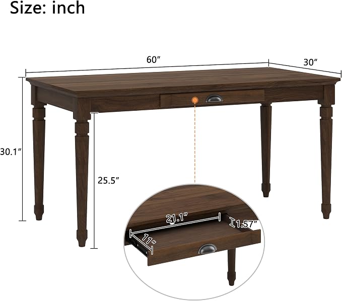 Polibi 60" Farmhouse Writing Desk with Drawer Keyboard Tray (Chestnut) | Turned Legs, Quick Assembly, Pre-Assembled Top, For Home Offices, Writing, Computer Workstations.