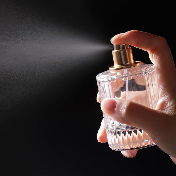50ml/1.7 Oz Glass Spray Bottle Perfume Atomizer,Round Glass Perfume Travel Refillable Spray Bottle Empty with 3 Kinds of Dispenser (Clear2)