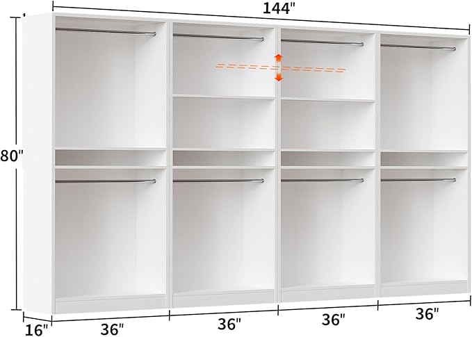 Unikito 12FT Modular Closet System with 8 Hanging Rods, 2800LBs Wood Garment Rack, 4-Pieces Ultra-Wide Walk-in Closet Organizer, Freestanding Clothing Shelves, White