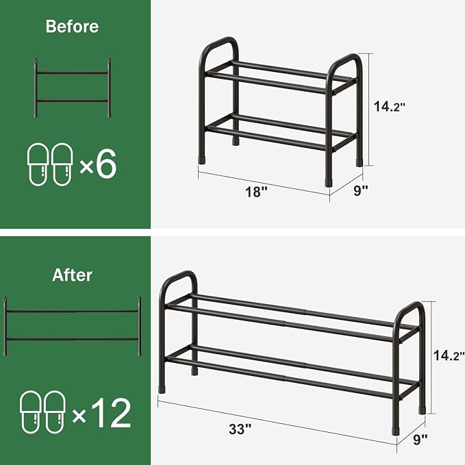 kiplant 2-Tier Shoe Rack for Closet, Expandable Metal Shoe Organizer, Adjustable Shoe Shelf Storage Organizer, Standing Shoe Rack for Entryway Closet Doorway