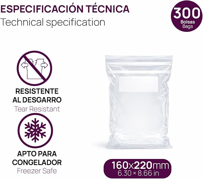 Ofituria Transparent Zip Bags 160 x 220 mm with Airtight Seal, Zip Bags for Food, Snacks, Freezing as well as Kitchen and Travel Organisation - Ofituria (300 Bags)