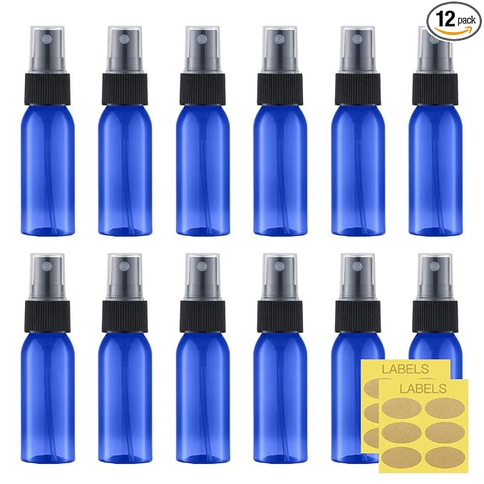 LISAPACK 1oz Small Plastic Blue Spray Bottle (12 Pack) Empty Mini Fine Mist Travel Size Atomizer, Tiny Sprayer for Little Perfume, Water, Cologne, Alcohol, Samples (Cobalt Blue, 30ml)