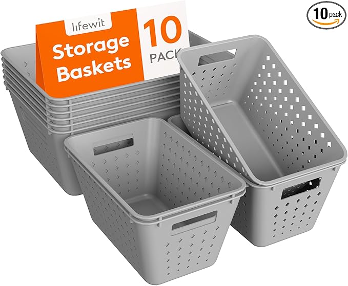 Lifewit Plastic Storage Basket for Organizing, 10 Pack Stackable Open Containers, Multi Size Storage Bins for Shelving, Pantry, Office and Cabinet, 6 Large and 4 Small Size, Gray