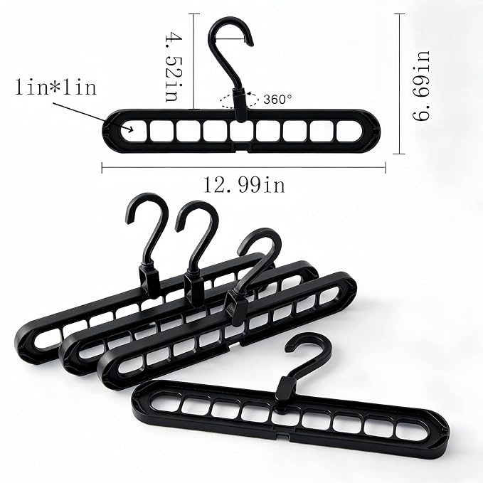 9 Space-Saving Hangers Heavy-Duty PP Plastic Tiered Hanger Organizer with Non-Slip Foldable Design, for Closet (Black, 10)