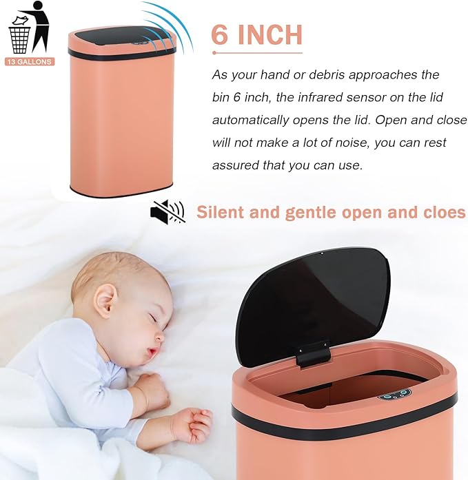 Bigacc 13 Gallon Stainless Steel Trash Can Automatic Trash Can Garbage Can Bathroom Garbage Can with Lid for Kitchen Living Room Office Bathroom, Electronic Motion Sensor Automatic, Pink
