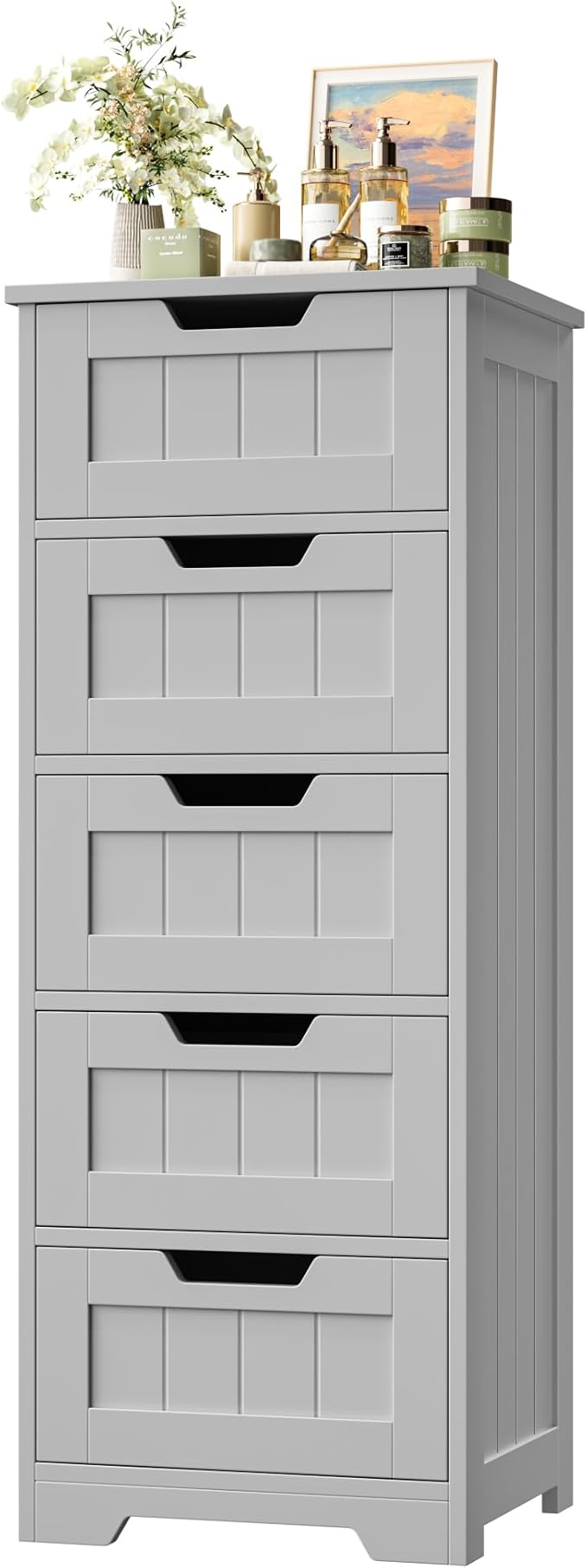 FOTOSOK Bathroom Cabinet, Bathroom Storage Cabinet with 5 Drawers, Wooden Storage Cabinets with Cut-Out Handles, 11.8” x 15.7” x 40.1” Bathrooms Floor Cabinets for Hallway/Living Room, Grey