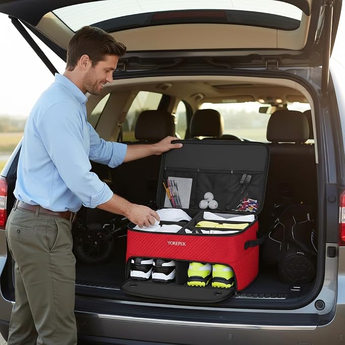 YOREPEK 2 Layer Golf Trunk Organizer, Golf Gifts for Men with Separate Ventilated Compartment for 2 Pair Shoes, Waterproof Car Trunk Locker for Balls, Tees, Clothes, Gloves, Gifts for Golfers