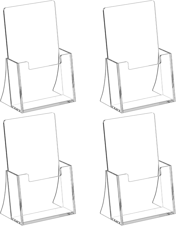 Acrylic Brochure Holder 4 Inch, 4 Pack Clear Brochure Display Stand, Plastic Pamphlet Holder for 4x9 Inches Flyers Literature Magazines Booklets Journals Menu, Desk Holder, Countertop Organizer | Clear Brochure Display Stand, Plastic Pamphlet Holder, F...