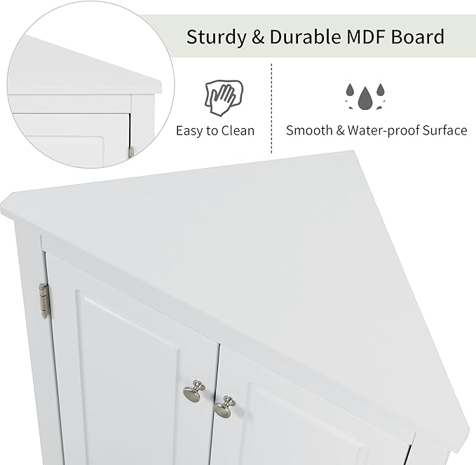 Corner Storage Cabinet with Adjustable Shelves, Triangle Bathroom & Kitchen Organizer, Freestanding Floor Cabinet for Toilet Kitchen Bathroom Cleaning Supplies (White)