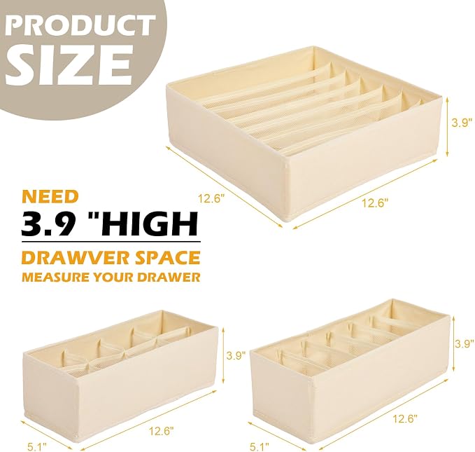 Soft Scarf Organizer for Closet Drawer 3 Set Fabric Storage Bins with 6, 7, and 8 Compartments for Scarves and Accessories Space Saving Closet Organizers Non Damaging Flexible Storage for Home (Beige)