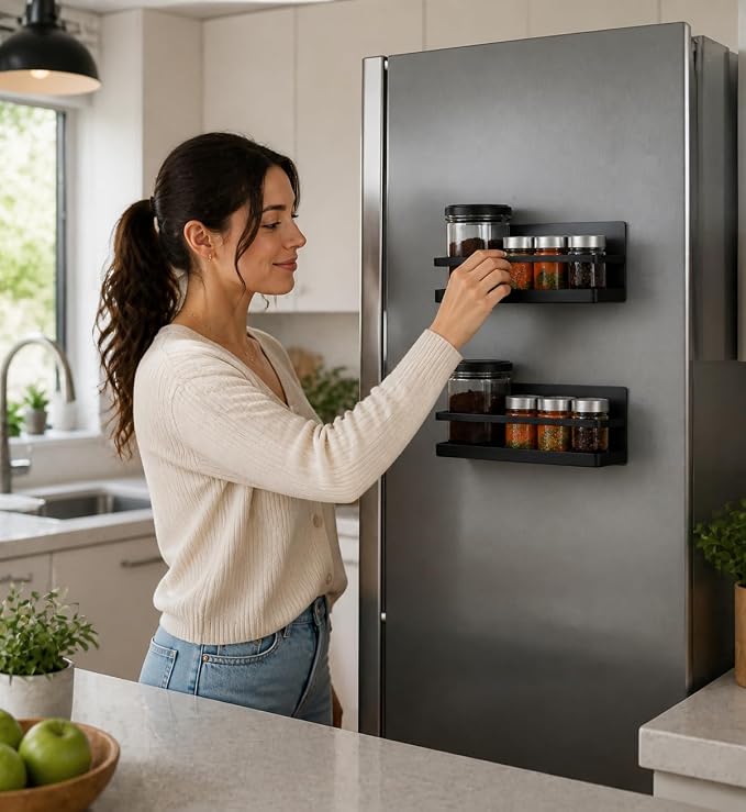 Magnetic Spice Rack Set of 2, Wall Mount or Refrigerator Organizer, Black Matte Steel Kitchen Shelf, Strong Magnetic Back, Drill or No-Drill Installation, Space Saving for Kitchen Organization