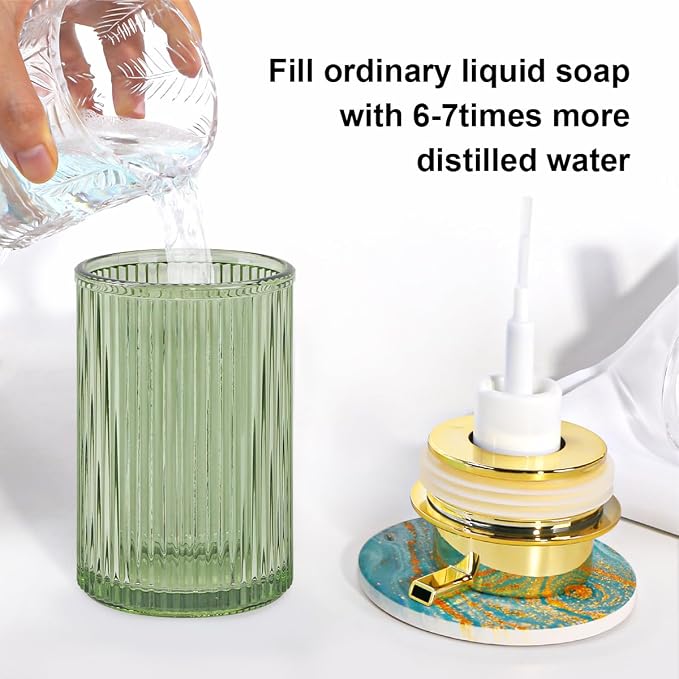 Foaming Soap Dispenser, Bathroom Green Glass Foam Soap Dispenser, Refillable 12 Oz Foam Pump Bottle Container with Gold Pump, Decorative Slim Ribbed Dish Soap Dispenser for Kitchen