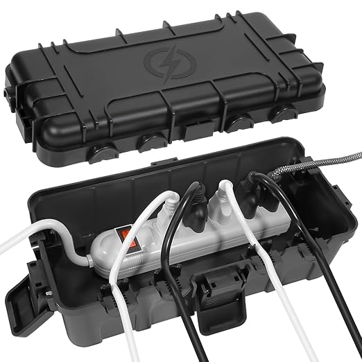 Medium Outdoor Electrical Box (11.6x5.2x4.1 inch), IP54 Waterproof Extension Cord Cover w/ 6 Cable Entry, Weatherproof Connection Box for Power Strip, Plug, Timer, Holiday Lights, Black