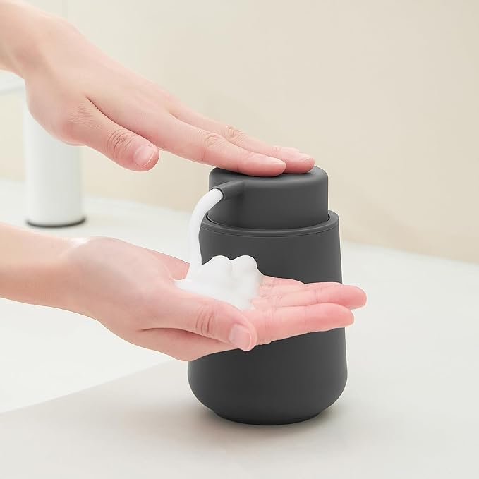 YAUKPH Matte Gray Foaming Hand Soap Dispenser Plastic 11 oz - Modern Minimalist Style for Bathroom & Kitchen Countertop Refillable