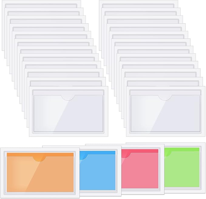 Chinco 30 Pcs Self Adhesive Pockets, Bin Labels for Storage Bins, Clear Pocket Label Sleeves, Plastic Index Card Holder with Top Open for Organizing Bins Box Drawer (4.06 x 2.48 Inches)