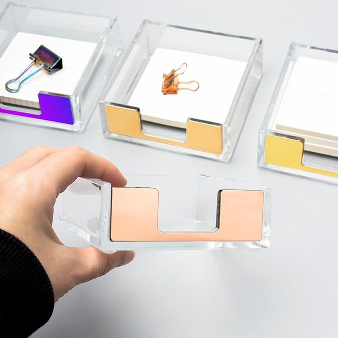 NatSumeBasics Rose Gold Clear Acrylic Sticky Note Holder, Desktop Memo Cube Holder Note Pad Dispenser, Aesthetic Desk & Office Accessories