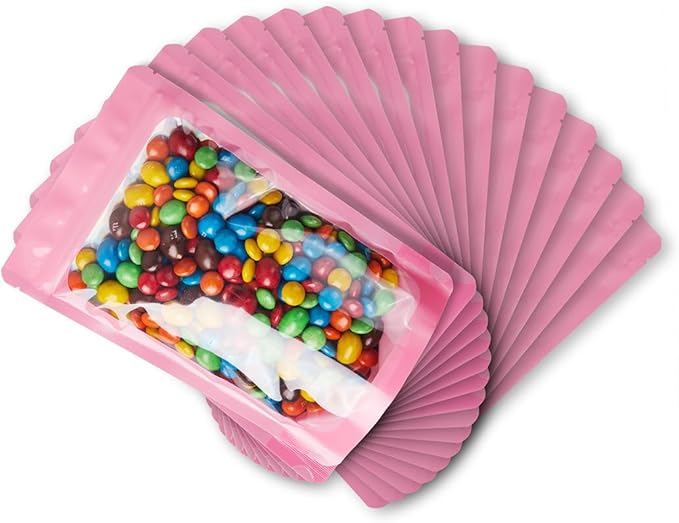 LZLPACKING 100 Pieces Smell Proof Mylar Bags Resealable Packaging Pouch Bags with Clear Window for Food Storage,stand up mylar bags,Lipgloss,Eyelash Jewelry Electronics Storage(Pink/6×9 Inch)