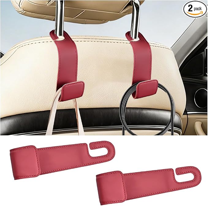 Osilly 2PCS Car Seat Headrest Hook, Leather Stylish Vehicle Backseat Hanger Organizer for Purse Handbag Umbrella, Automotive Seat Back Hanging Storage Holder Hook, Universal for Vehicles (Red)