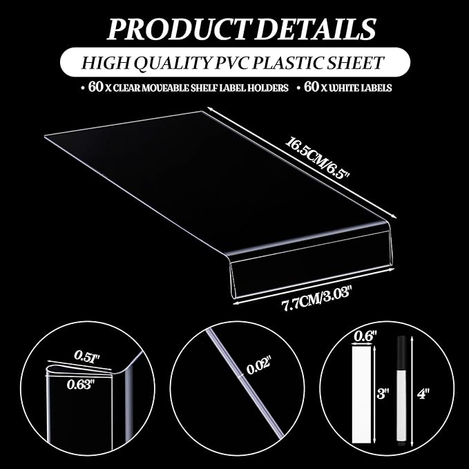 Containlol 60 Sets Moveable Shelf Label Display Holders with Label Inserts and Marker Clear Shelves Tag Plastic Shelf Markers Teachers Gift for Classroom Office Book Shelves(3 x 0.63 Inch)