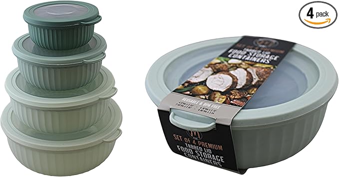 Set of 4 BPA-Free Round Food Storage Containers Vented Lids Assorted Sizes, Microwave & Freezer Safe Nesting Design for Leftovers Meal Prep Fridge Organization Dry Grains (Green)