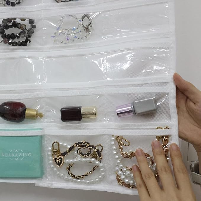 Hanging Jewelry Organizer Pockets Canvas Double Sided Rotating Hanger Necklace Hanging Wall Organizer Jewelry Roll for Earrings, Necklaces,Sunglasses,rings (80-Pocket WHITE)