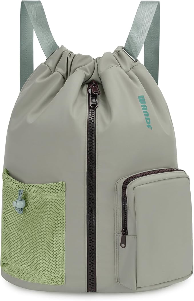 WANDF Drawstring Backpack with Shoe Compartment, Sports Gym Bag | Multi-Pocket Storage, Water-Resistant Fabric, Cinch String Bag