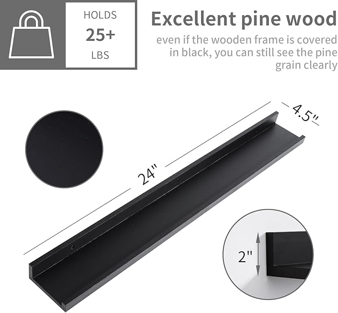 MBYD Dark Black Solid Wood Floating Shelves for Wall, 24 Inch Modern Photo Shelf Wall Mount, Picture Ledge with Lip Set of 3, Book Shelves for Bathroom Bedroom Kitchen Living Room Nursery