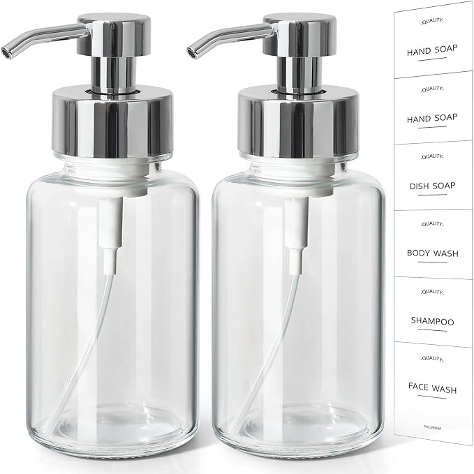 Foaming Soap Dispenser, 14.1 oz/400ml Foaming Hand Soap Dispenser, 2 Pack Glass Foaming Dispenser for Bathroom & Kitchen, Clear Refillable Liquid Dispenser Bottle with Waterproof Labels