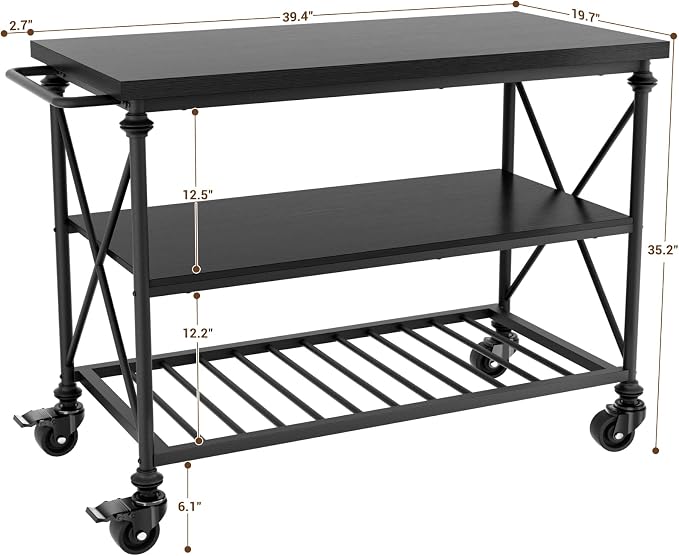 Homieasy Kitchen Island Cart with Wheels, 3-Tier Wood and Metal Rolling Kitchen Island Table with Pipe Legs, Storage Shelves & Lockable Casters for Kitchen Dining Room, Black