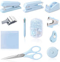 Blue Desk Accessory Kit Cute Office Supplies Set Desktop Stapler Set Includes Staple Remover Hole Punch Tape Dispenser Ballpoint Pen Scissor Mini Box Cutter Tape Measure Paper Clips Sticky Notes