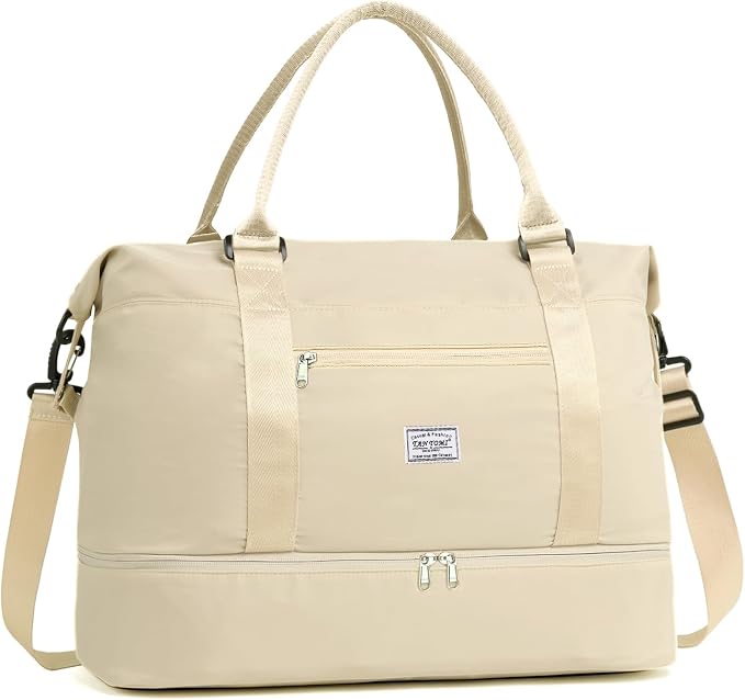 TANTOMI Travel Duffle Bag for Women Personal Item Travel Bag with Shoes Compartment, Weekender Overnight Bag Carry On Duffle Bag Tote Gym Bag for Travel, Sports, Hospital, Dance, Beige