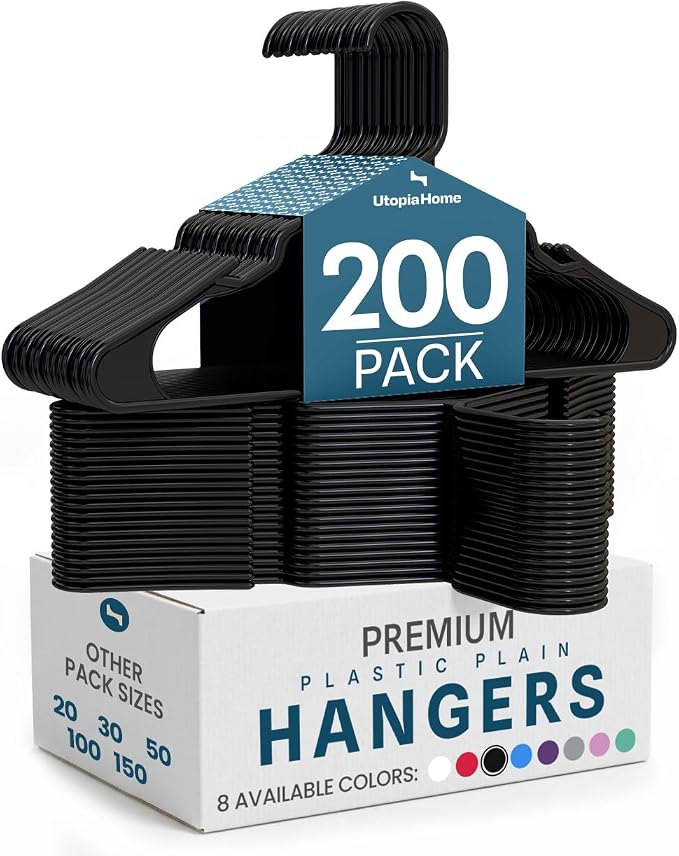 Utopia Home Plastic Hangers 200 Pack – Space Saving Clothes Hanger Black | Durable & strong | Closet organizer & storage | Ideal for apartments, dorms & stocking stuffers