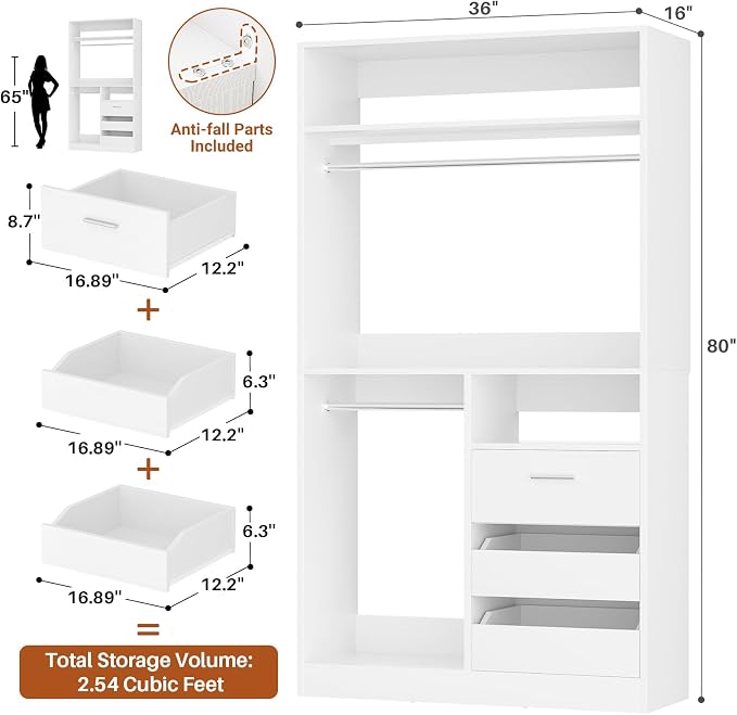 36 Inches Modular Closet Drawers System with Long Hanging Rods, 3FT Wood Closet Organiser with 3 Drawers, Walk-in Freestanding Wardrobe Storage Cabinet with 4 Shelves, White (36"L x 15" W x 80" H)