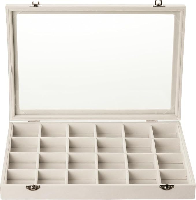 Frebeauty 24 Grid Earring Organizer,Velvet Jewelry Tray with Clear Lid | Drawer Jewelry Organizer for Rings Studs Brooch,Adjustable Divider,Dustproof Design,Earring Storage,Trinket Box,13.8×9.5Inch