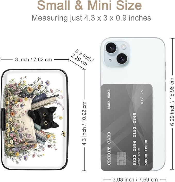 Coco Rossi Credit Card Holder RFID Aluminum Small Mini Wallet Women | Metal Wallet, Business Cards Holder, ID Case, Slim Sleeves, Womens Girls Gift, Carry Proof Wallets for Travel, Cat & Books
