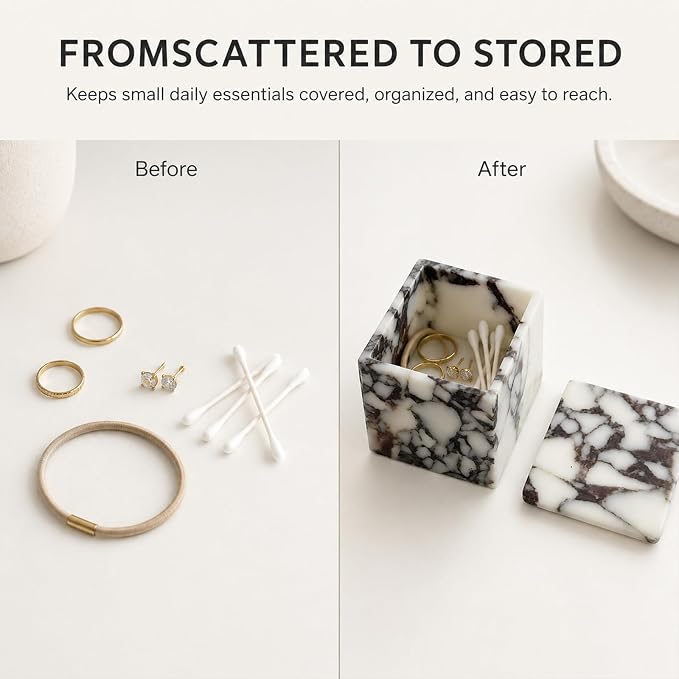 Natural Marble Square Storage Box with Lid, 3.94 in | A small lidded natural marble box that turns jewelry, cotton swabs, and hair ties into a polished vanity display.