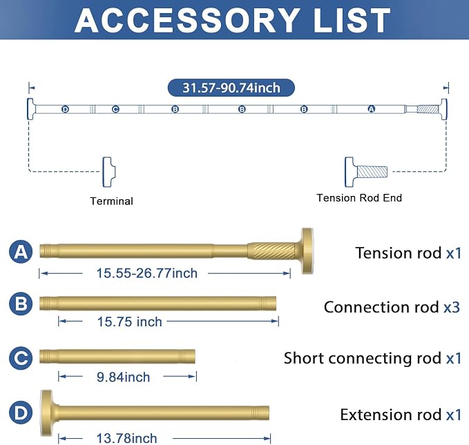 Tension Curtain Rod 32-90Inch Gold Spring Rods Adjustable Curtain Rods no Drilling Outdoor Tension Rod for Patio, Windows,Closets,Doorway,