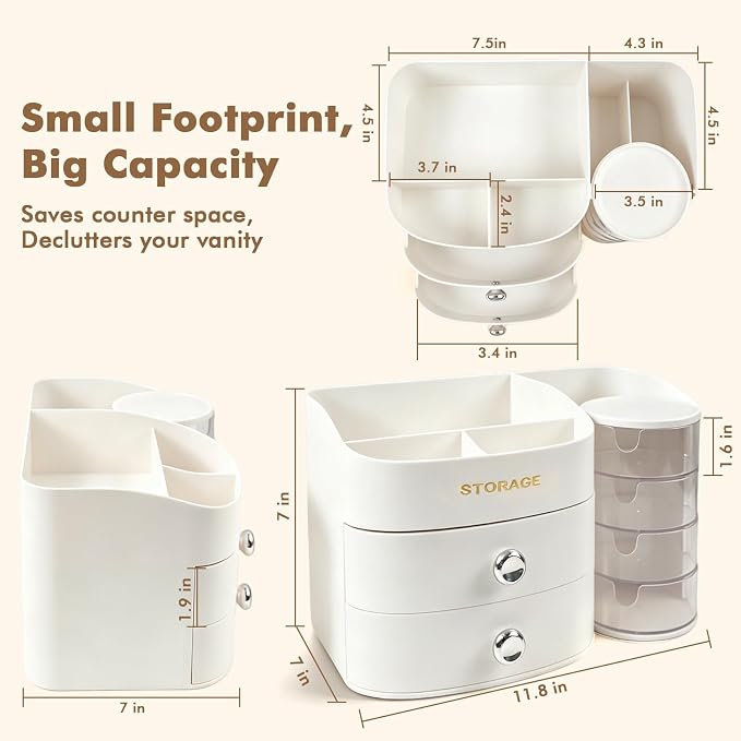XIAPIA Makeup Organizer Countertop, Make Up Organizer for Vanity | Skincare & Cosmetic Organizers with Drawers, Bathroom Storage for Brush Holder|Lipstick|Jewelry, Ideal Gift for Women, White